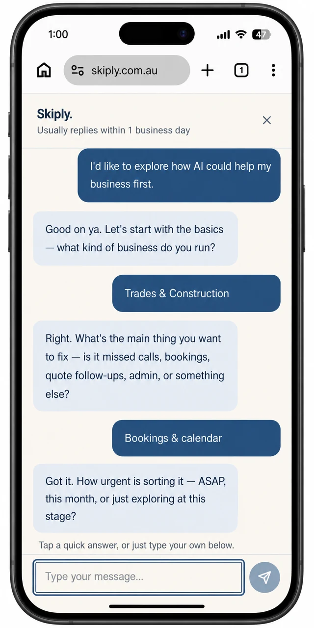 Skiply lead-capture chatbot on a phone